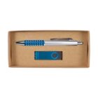 A silver and blue ballpoint pen with a dotted grip and a blue swivel USB flash drive are placed in a small, rectangular brown box.