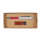 A cardboard box containing a silver and red pen with a grip, alongside an orange USB flash drive with a swivel cover, laid on a brown background.