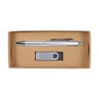 A cardboard box containing a silver ballpoint pen with a textured grip and a matching silver USB flash drive. The pen is above the USB drive, with both positioned neatly within the box.
