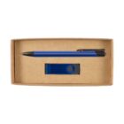 A blue pen and matching blue USB drive are neatly placed inside a brown cardboard box. The pen has black accents while the USB drive features a small keyring loop.