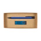 A rectangular cardboard box containing a blue pen and a matching blue USB flash drive. The pen is positioned horizontally at the top, and the USB drive is centered below it in the box.