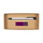 A cardboard box containing a silver pen with a black tip and clip, and a purple USB flash drive with a swivel cover. The items are neatly placed side by side.