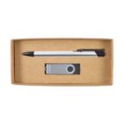 A brown cardboard box containing a silver and black pen and a silver USB flash drive with a swivel cover.