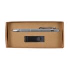 A silver pen and a black USB flash drive are neatly placed inside an open brown cardboard box. The pen has a clear grip section, and the flash drive features a swivel cover.