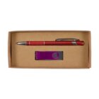 A cardboard box containing a red ballpoint pen with silver accents and a purple USB flash drive with a swivel cover.