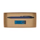 A cardboard box containing a blue pen and a blue USB flash drive.