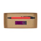 A red pen and a purple USB flash drive are neatly placed inside a rectangular cardboard box. The box is open, showing the items arranged side by side, with the pen above the flash drive.