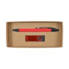 A rectangular cardboard box containing a red pen and a red USB flash drive, both neatly placed in the box. The pen is positioned horizontally at the top, and the USB drive is below it.