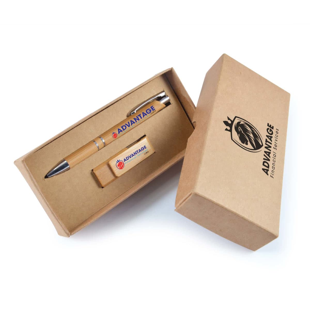 Cardboard gift box containing a bamboo pen and USB drive with ADVANTAGE branding. The lid of the box features the text ADVANTAGE Financial Services alongside a lion logo.