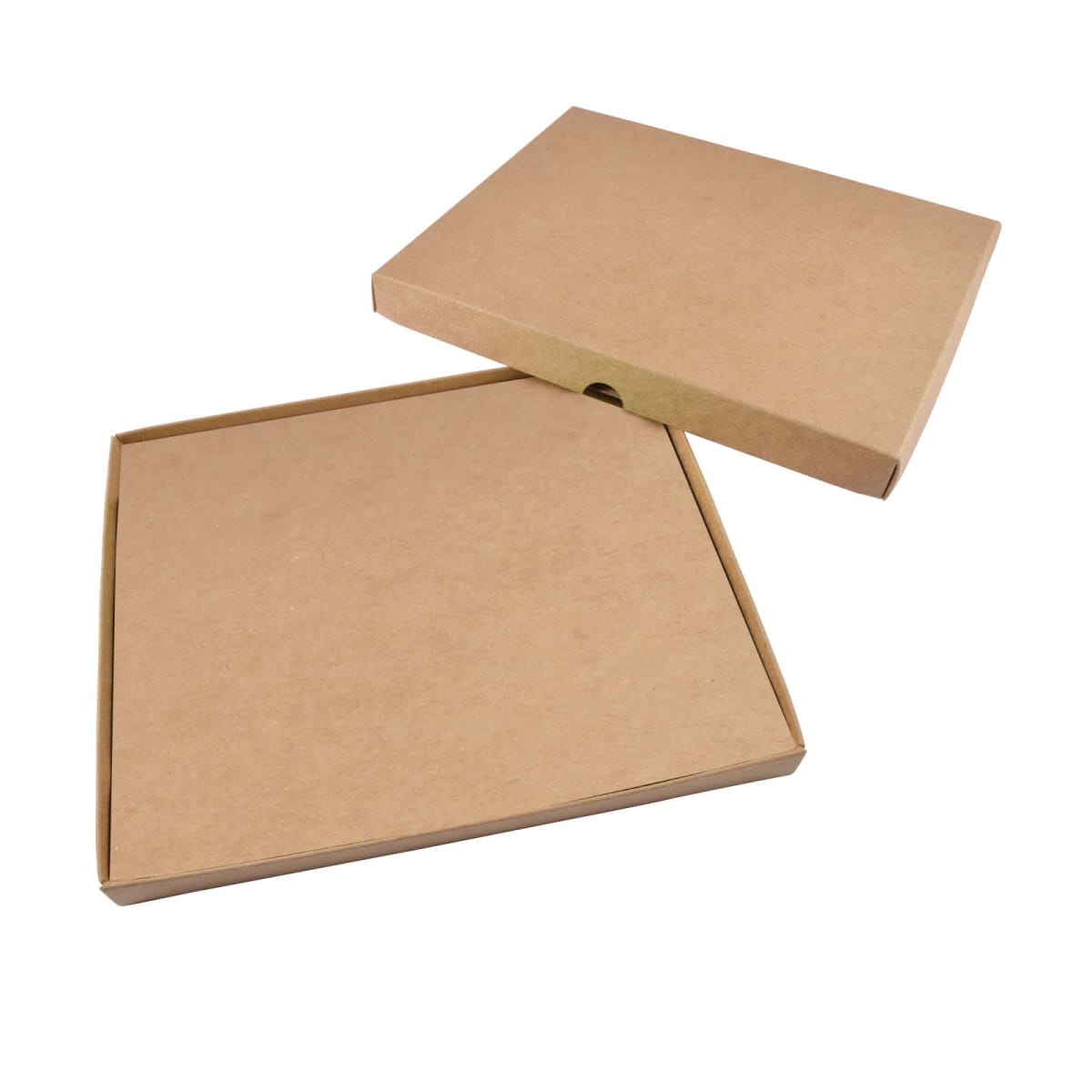 Two flat, brown cardboard boxes are shown, one open and one closed. The open box is positioned in front of the closed one, both lying on a white background. They have a simple, plain design, commonly used for packaging.