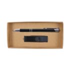 A black pen and a black USB flash drive are neatly placed inside an open cardboard box with a brown interior. The pen has metallic accents, and the USB drive has a swiveling cover.