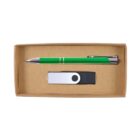 A cardboard box containing a green and silver pen and a black USB flash drive with a swivel cover sits on a white background. The pen and flash drive are neatly arranged side by side.