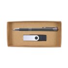 A cardboard box containing a black pen with silver accents and a black USB flash drive with a silver swivel cover.
