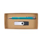 A cardboard box containing a turquoise pen with silver accents and a black and silver USB flash drive, both neatly placed inside.
