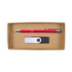 A rectangular cardboard box containing a red ballpoint pen with silver accents and a USB flash drive with a black and white swivel cover.