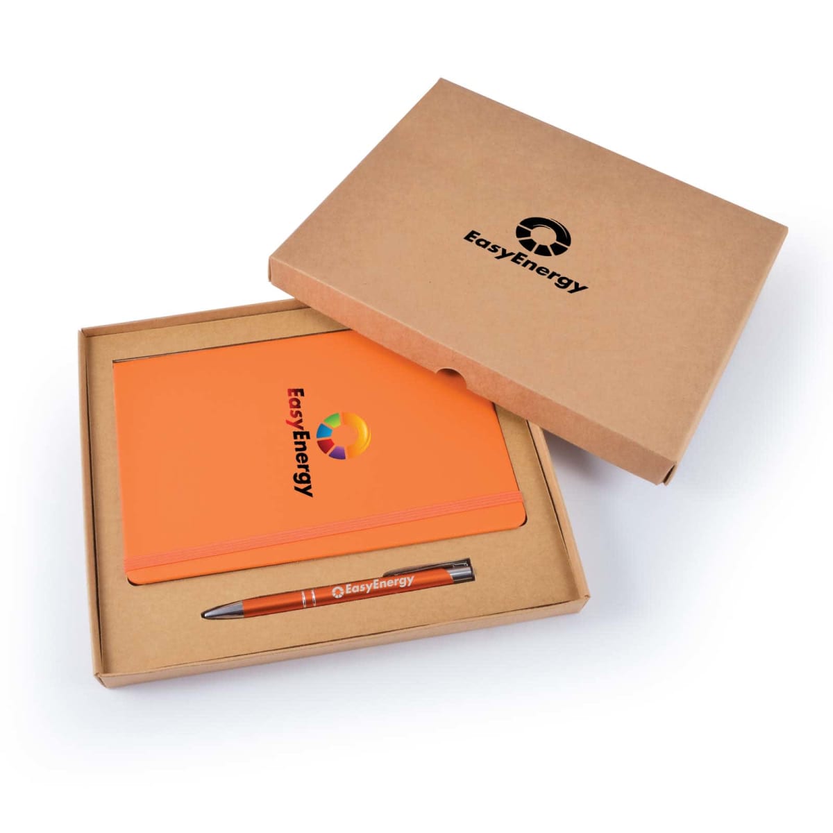 Open cardboard box containing an orange notebook and a ballpoint pen with the EasyEnergy logo. The notebook and pen are neatly arranged inside, and the box lid has the same logo. The box is set against a plain white background.