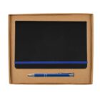 A brown box containing a black notebook with a blue elastic band and a matching blue and silver pen placed below it.