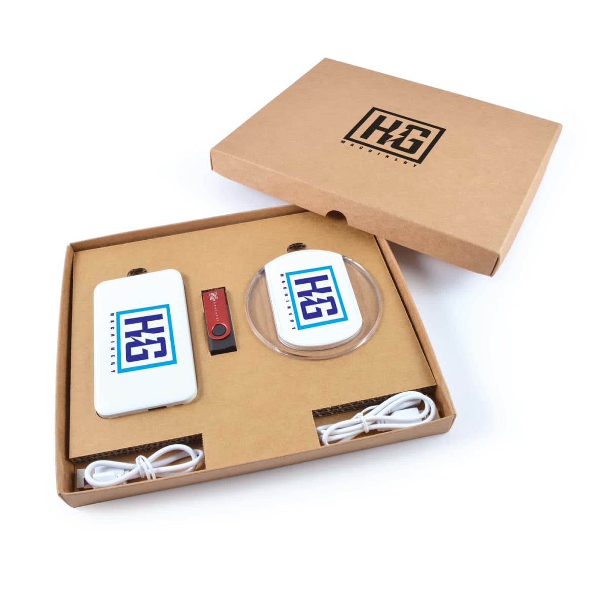 An open cardboard box contains two portable chargers with a logo, a USB flash drive, and two white charging cables, neatly organized in separate compartments.