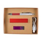 A brown cardboard box containing a red pen with silver accents, a rectangular red power bank, a purple USB flash drive, and a white USB charging cable.