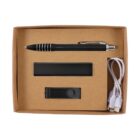 Brown cardboard box containing a black pen, a black rectangular power bank, a USB drive, and a white charging cable with multiple connectors.