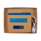 A cardboard box containing a blue pen, a blue rectangular power bank, a blue USB flash drive, and a white USB cable with multiple connectors.
