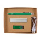 A brown cardboard box containing a green pen, a silver rectangular power bank, a green USB drive, and a white charging cable with two heads.