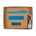 A cardboard box containing a blue pen, a blue rectangular power bank, a blue USB flash drive, and a white USB cable with multiple connectors.