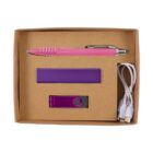 A brown cardboard box containing a pink pen, a purple rectangular power bank, a purple USB flash drive, and a white USB charging cable.