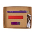 A brown cardboard box contains a purple pen, a red rectangular item, a purple USB flash drive, and a white USB charging cable with multiple connectors.