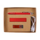 A cardboard box contains a red pen, a red rectangular item, a red USB flash drive, and a white USB cable with two connectors. The items are neatly arranged within designated slots.