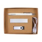 A brown cardboard box containing a white pen, a rectangular object, a USB flash drive, and a white USB cable with dual connectors.