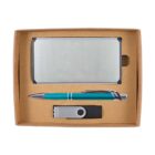 A cardboard box containing a metallic business card holder, a teal pen with silver accents, and a silver and black USB flash drive, organized neatly.