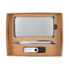 A cardboard box containing a silver cardholder, a silver pen with a black grip, and a black and white USB flash drive.
