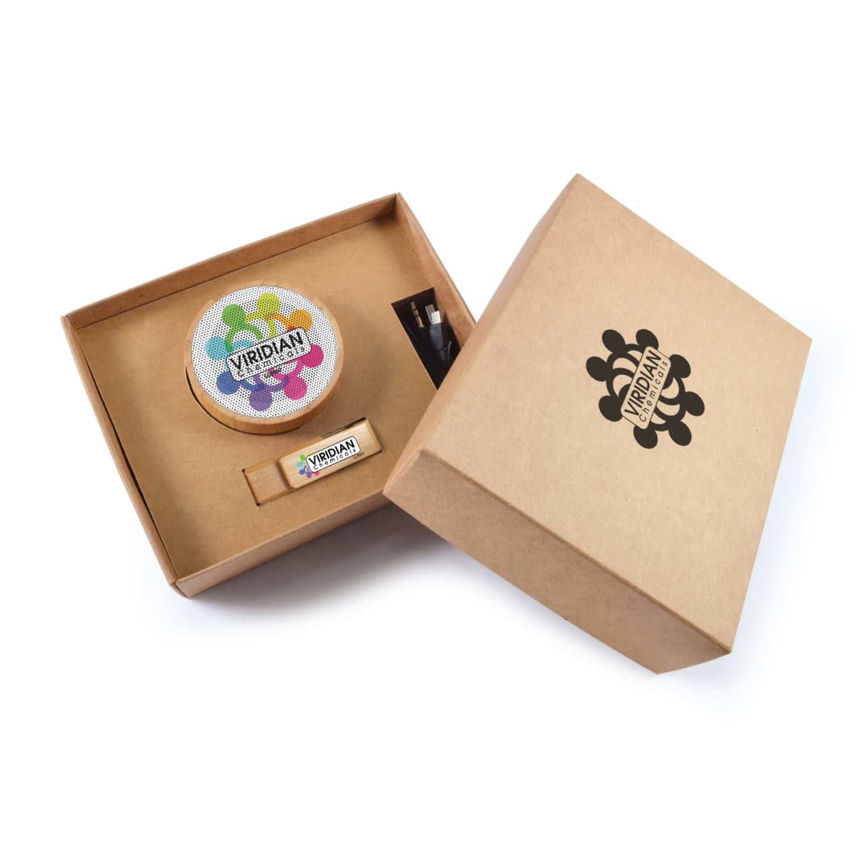 Open cardboard box displaying a colorful circular item with the word Viridian, a USB drive, and a pen. The box lid leans beside it, showing a black logo similar to the circular item.