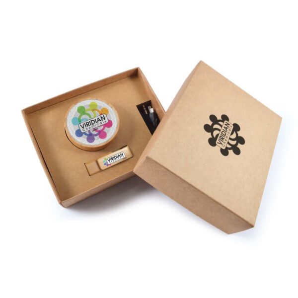 Open kraft gift box with a circular item featuring a colorful abstract design. Includes a small USB drive and a pen, all with Viridian branding. Box lid is partially off, displaying the brand logo.
