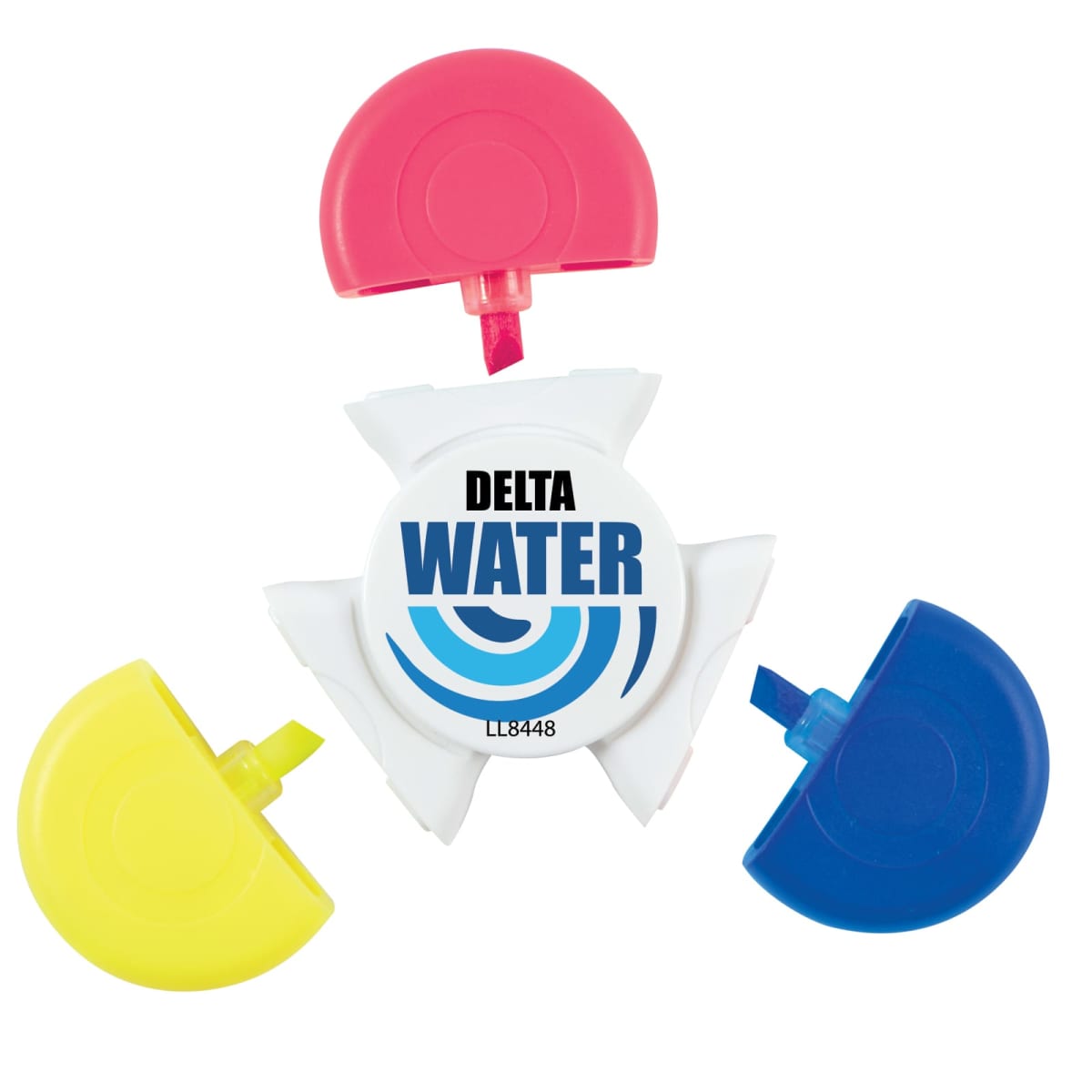 Round white container with Delta Water logo at the center. It has a central circle and three detachable sections: red, yellow, and blue, each resembling a pie slice. The sections are placed around the container.