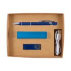 A gift box containing a blue pen, a blue power bank, a blue USB flash drive, and a white USB charging cable, all neatly arranged inside a brown cardboard box.