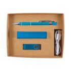 A brown cardboard box containing a blue pen, a blue rectangular power bank, a blue USB flash drive, and a white USB charging cable.