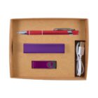 A cardboard gift box containing a red pen, a purple rectangular power bank, a purple USB flash drive, and a white USB charging cable.