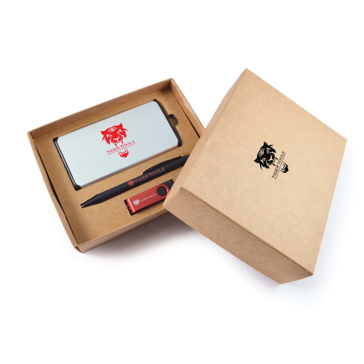 Open cardboard box containing a gray power bank, a black pen, and a red USB drive, all branded with a stylized wolf logo and the text TECHWOLFS. The box lid is partially closed, displaying the same logo and text.
