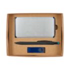 A cardboard box containing a silver rectangular power bank, a black pen with a blue tip, and a blue USB flash drive. The items are neatly arranged in compartments within the box.