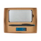 Cardboard box containing a silver power bank, a black pen with a blue stylus tip, and a blue USB flash drive. Items are neatly arranged side by side in the box.