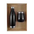 A gift set featuring a black stainless steel water bottle with a silver cap and a matching black insulated tumbler with a clear lid. Both items are neatly placed in a brown cardboard box.