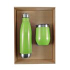 A green stainless steel water bottle and a matching tumbler with lids are placed side by side in a brown cardboard box.