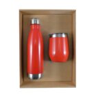 A red insulated water bottle and a matching red insulated cup with silver accents are neatly placed side by side in a brown cardboard box.