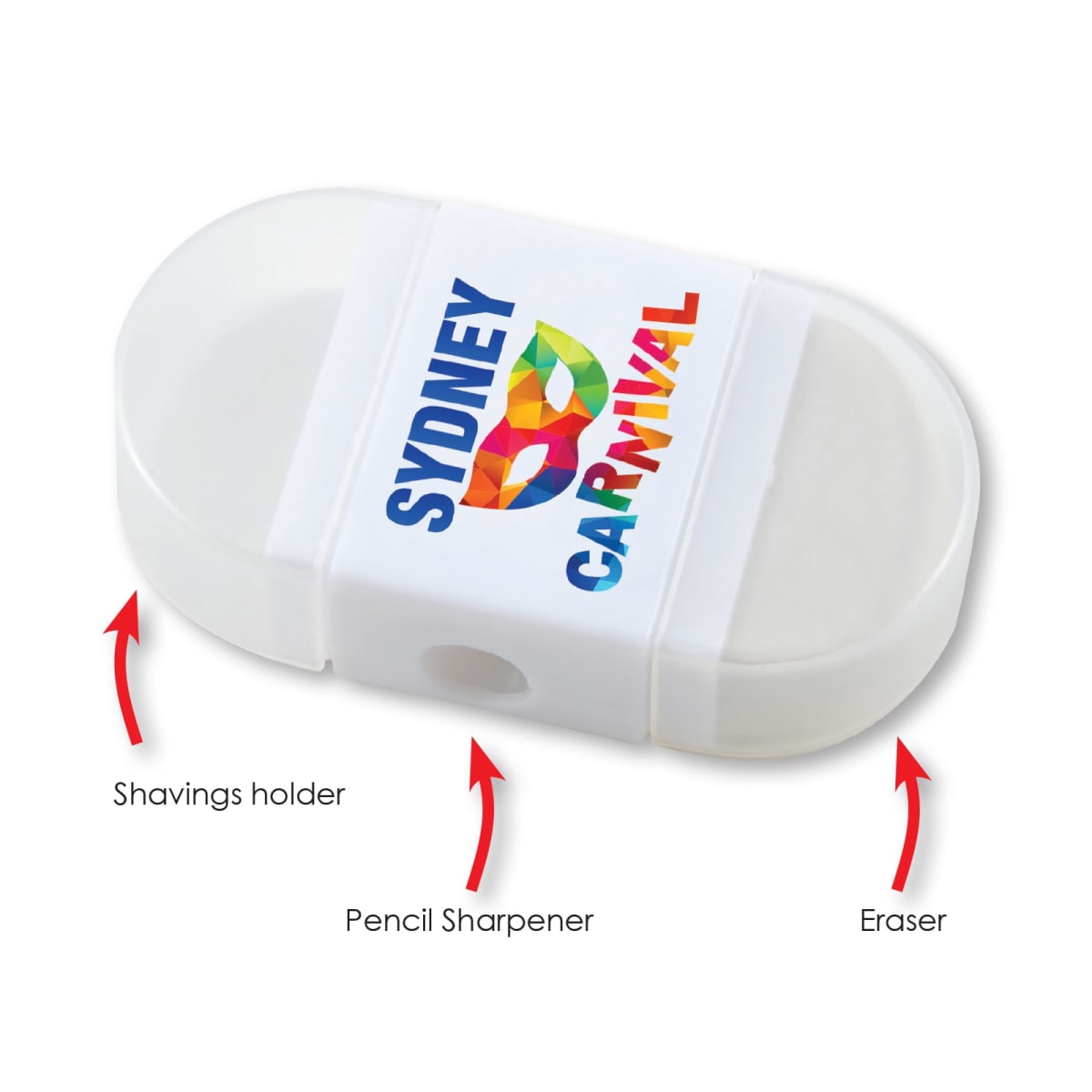 White oval-shaped object with colorful Sydney Carnival text. Features include an eraser on one end, a pencil sharpener with shavings holder in the center, and indicated functions with red arrows.