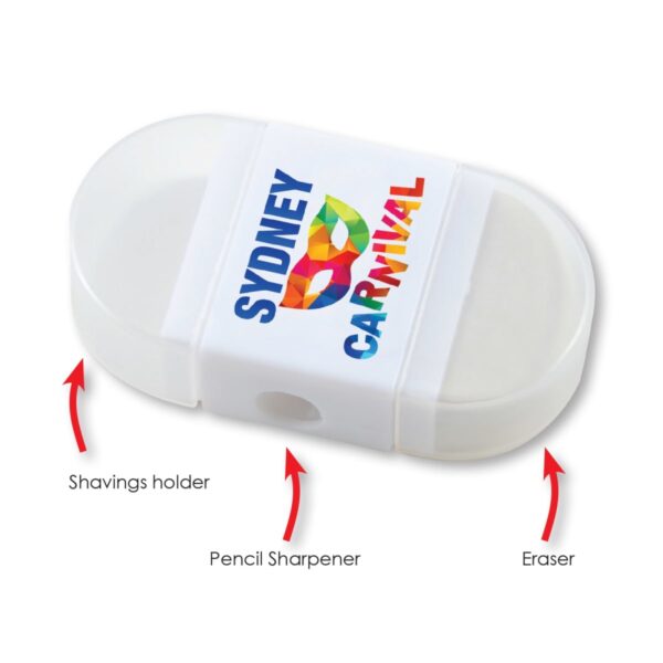 White rectangular tool with Sydney Carnival logo, featuring a pencil sharpener in the center, an eraser on one end, and a shavings holder on the other. Arrows point to each component.