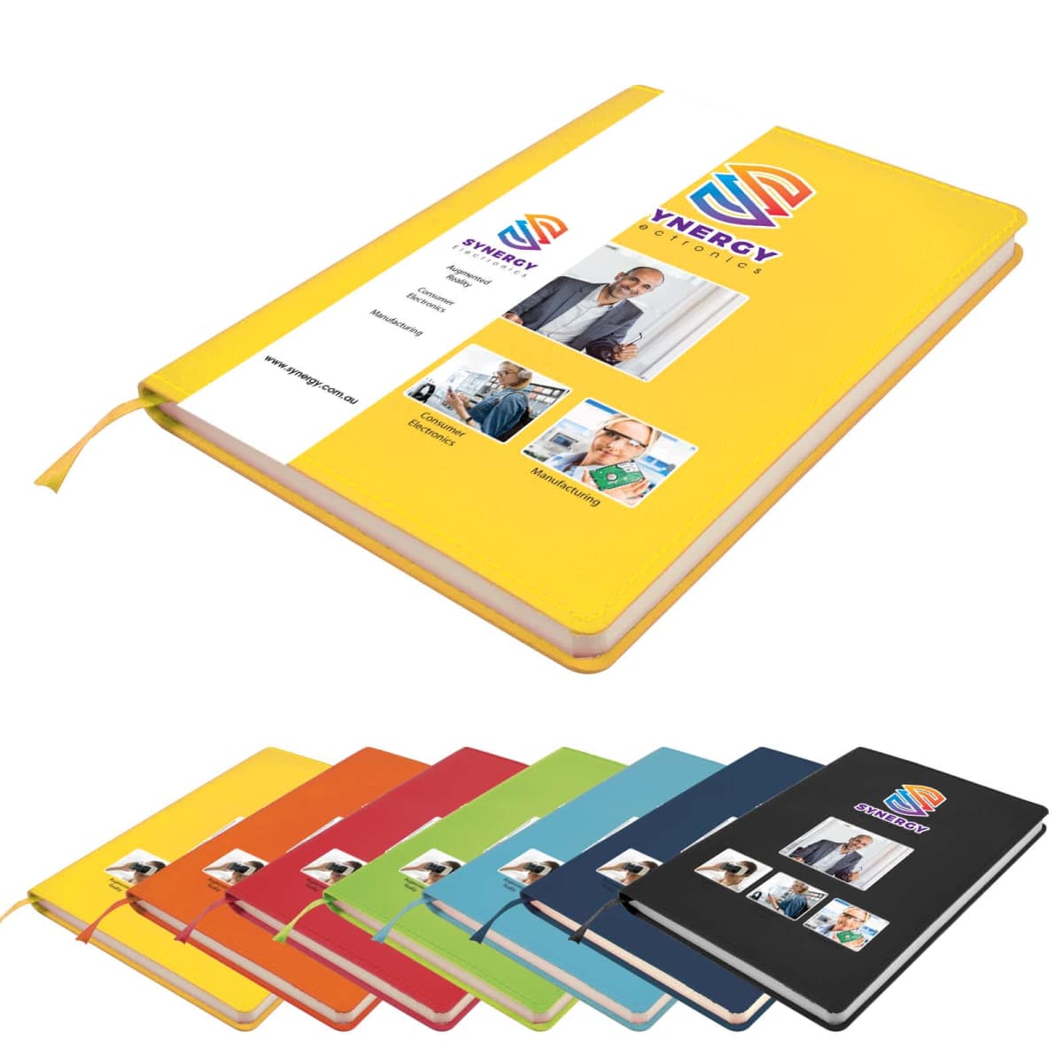 A colorful set of notebooks displayed in a fan layout. The main notebook at the top is yellow with a branded cover and a ribbon bookmark. Smaller images of other notebooks in various colors are shown beneath it.
