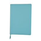 A closed, light blue notebook with a matching ribbon bookmark extending from the bottom. The notebook has a smooth cover and rounded corners.