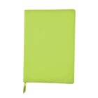 A closed bright green notebook with a matching green ribbon bookmark extending from the bottom. The notebook has rounded corners and a smooth cover.
